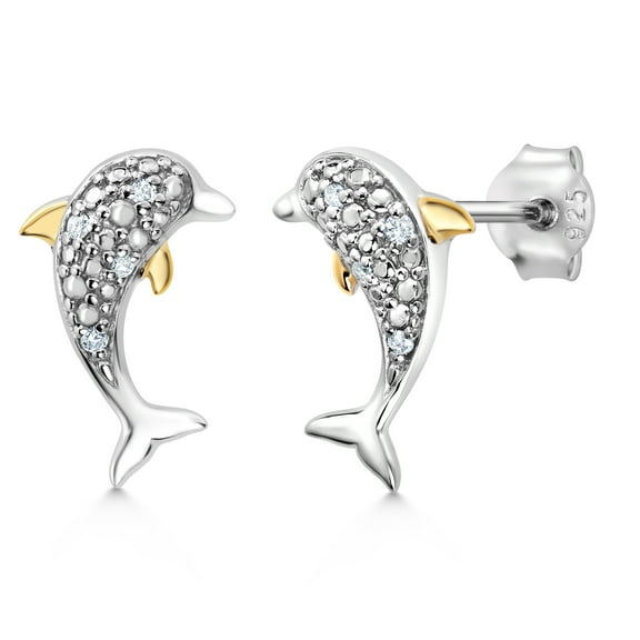 Gem Stone King White Lab Grown Diamond Dolphin Stud Earrings for Women | 925 Sterling Silver and 10K Yellow Gold | Animal Earrings for Women | 14X10MM