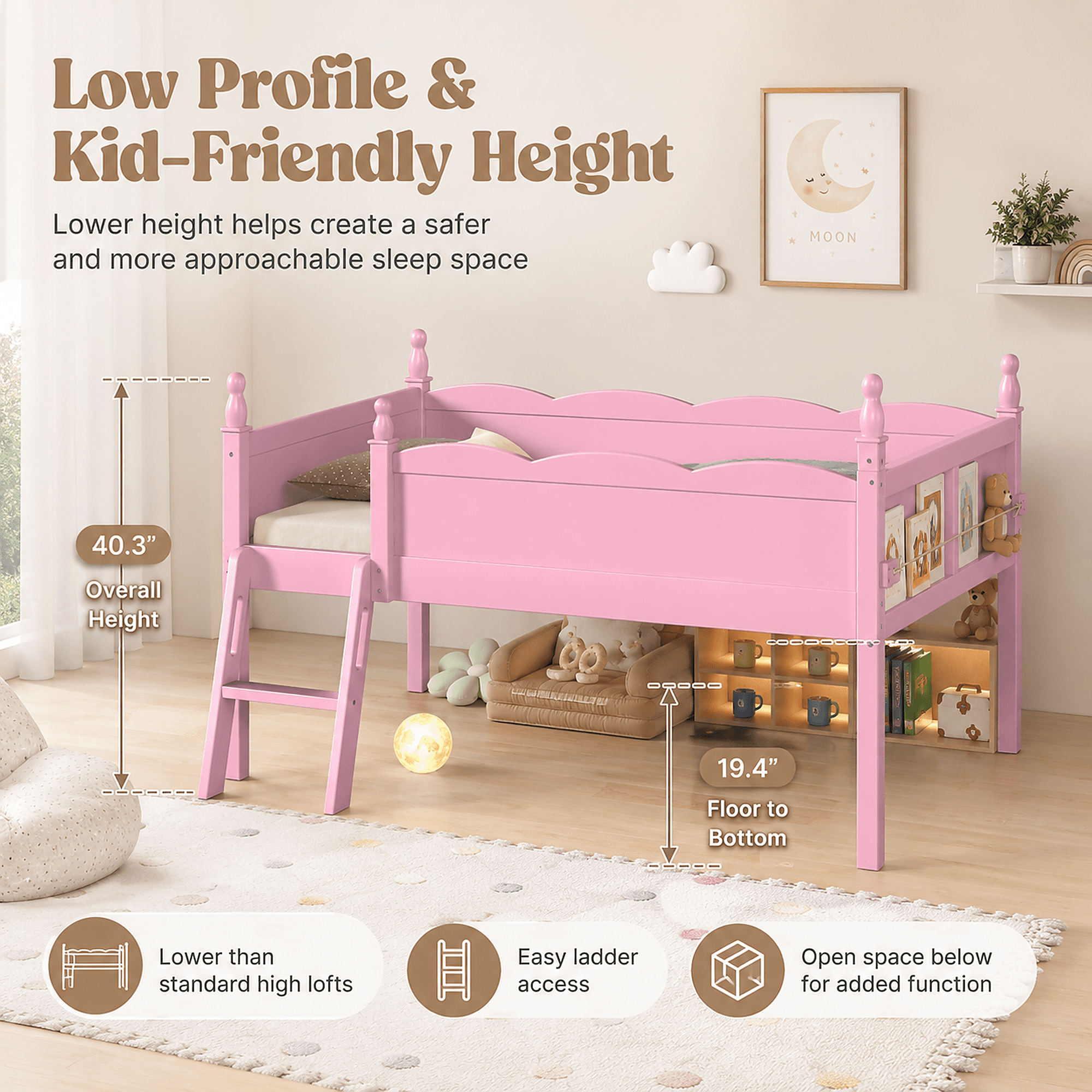 Miniyam Twin Low Loft Bed with Bookshelf and Guardrails, Wood Kids Bed for Bedroom, Pink