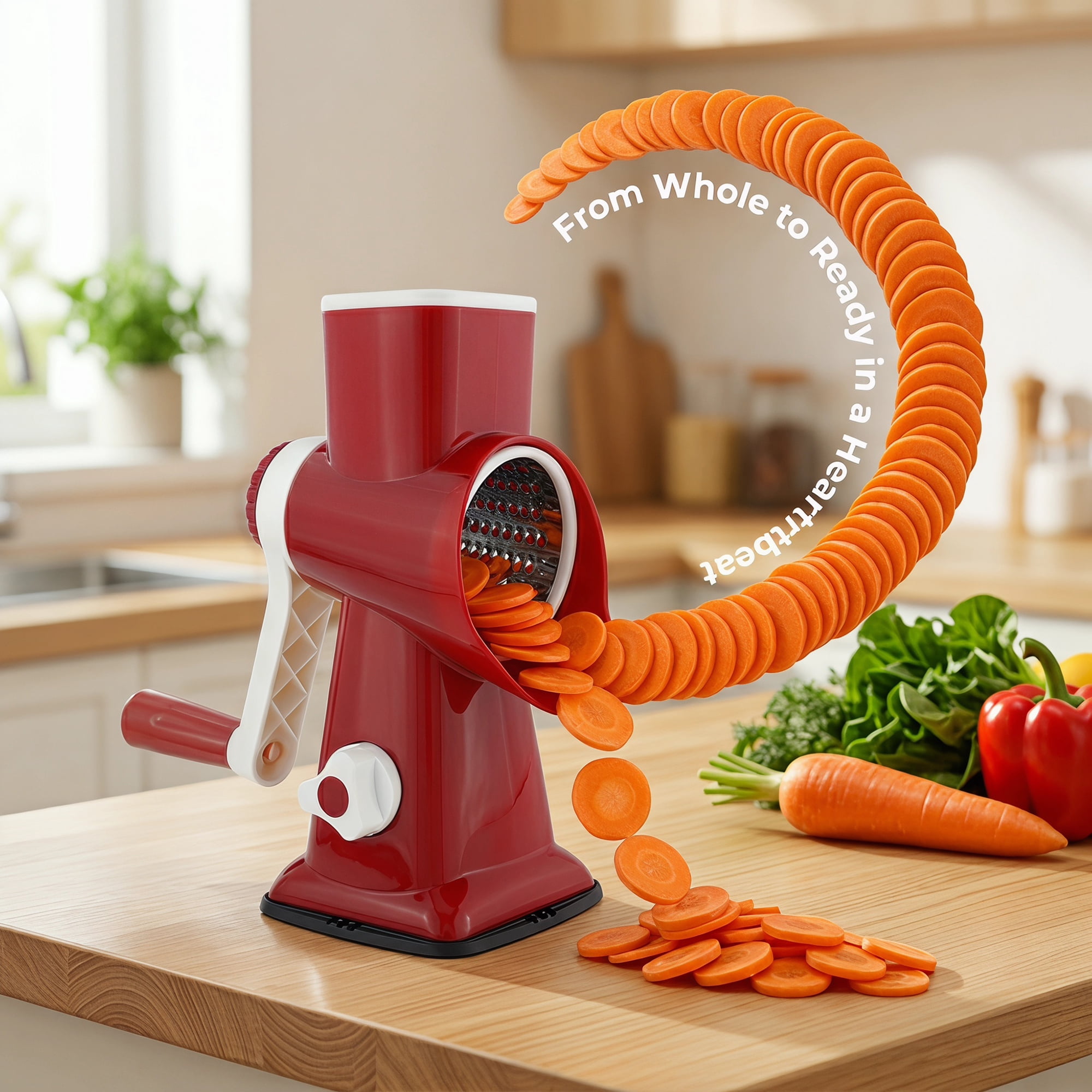 Unique Bargains 3-in-1 Rotary Vegetable Manual Slicer with Drums Red 6.3x4.3x9.2in