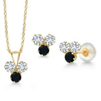 Gem Stone King 14K Yellow Gold White Lab Grown Diamond and Black Onyx 3 Stone Pendant and Earrings Jewelry Set for Women (0.90 Cttw, Round 3MM, with 18 inch Chain)