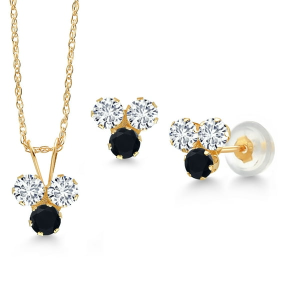 Gem Stone King 14K Yellow Gold White Lab Grown Diamond and Black Onyx 3 Stone Pendant and Earrings Jewelry Set for Women (0.90 Cttw, Round 3MM, with 18 inch Chain)