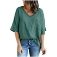 thumbnail image 1 of Camiseta sólida a la moda para mujer, blusa de media manga con cuello en V, blusas con bolsillos Pompotops  hfajkhk128681, 1 of 8