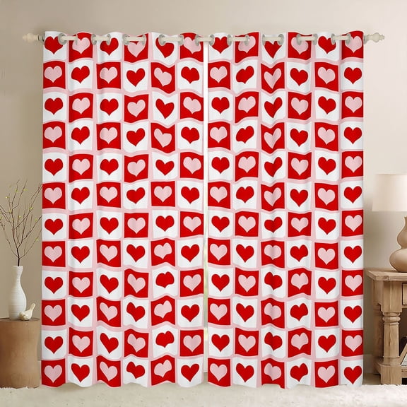 Manfei Cartoon Loves Black Out Curtains,Geometric Plaid Grid Curtains Pack of 2 (42x63 Each),Red White Bedroom Curtains For Girls Kids,Ultra Soft Home Decor