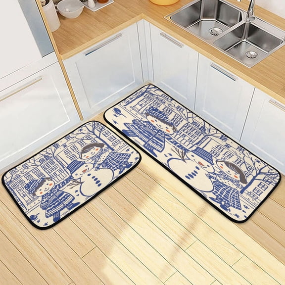 Make A Snowman 2 Piece Non Slip Kitchen Mat Set with Soft Memory Foam Padding