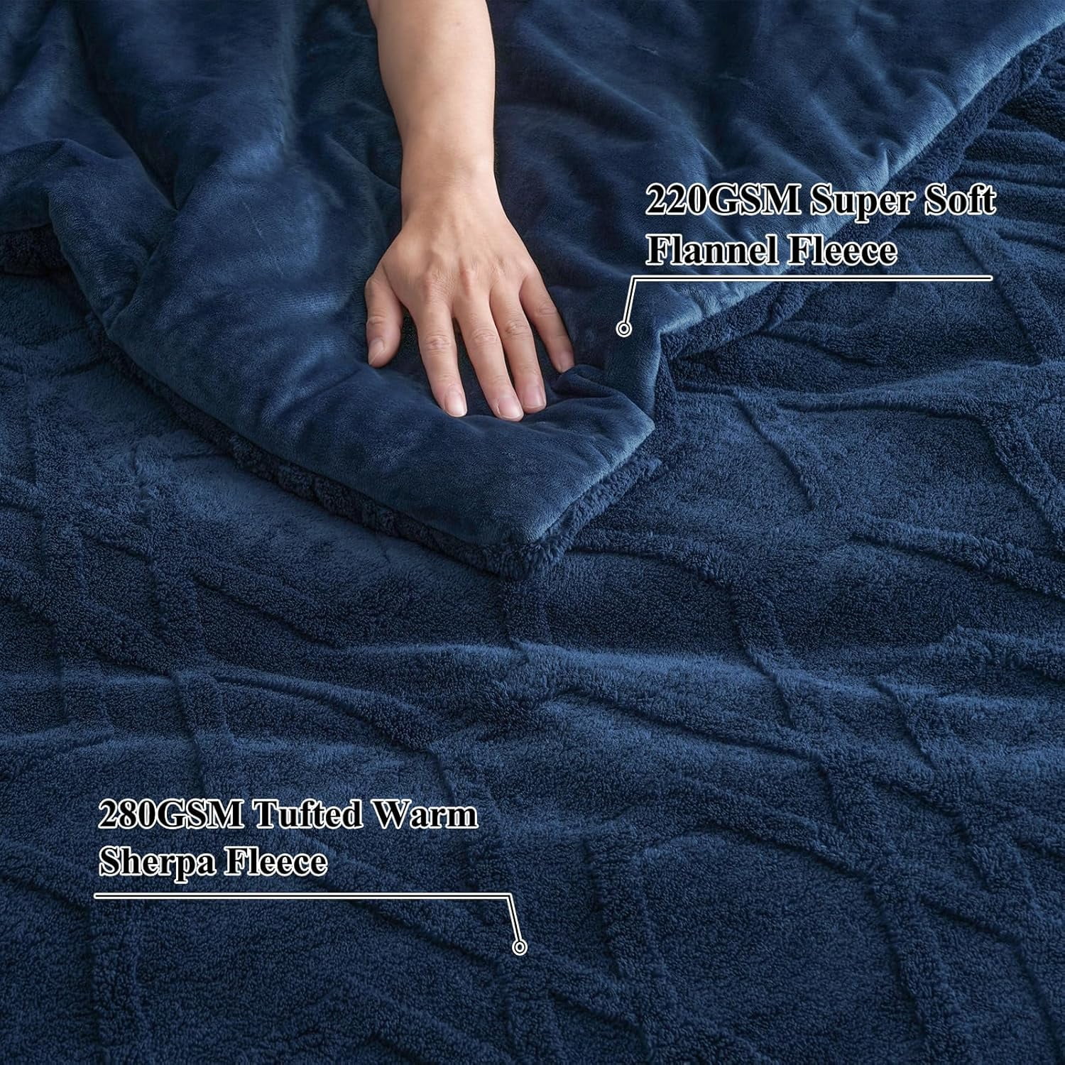 PHF Warm Sherpa Fleece King Comforter Set, 3D Tufted Fluffy Navy Blue Bedding for Winter, Soft 2 Pieces Shaggy Bed Set, 1 Comforter (104"x90") and 2 Pillowcases (20"x36")