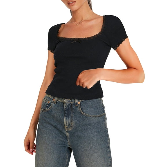 Michellecmm Women's Lace Trim Short Sleeve Square-Neck Show Navel T-Shirt