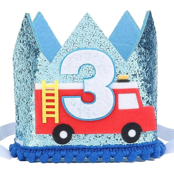 Fire Truck 3rd Birthday Hat - Third Birthday Glitter Crown Blue, Three Years Old Happy Birthday Party Decorations Supplies Favors Photo Booth Props