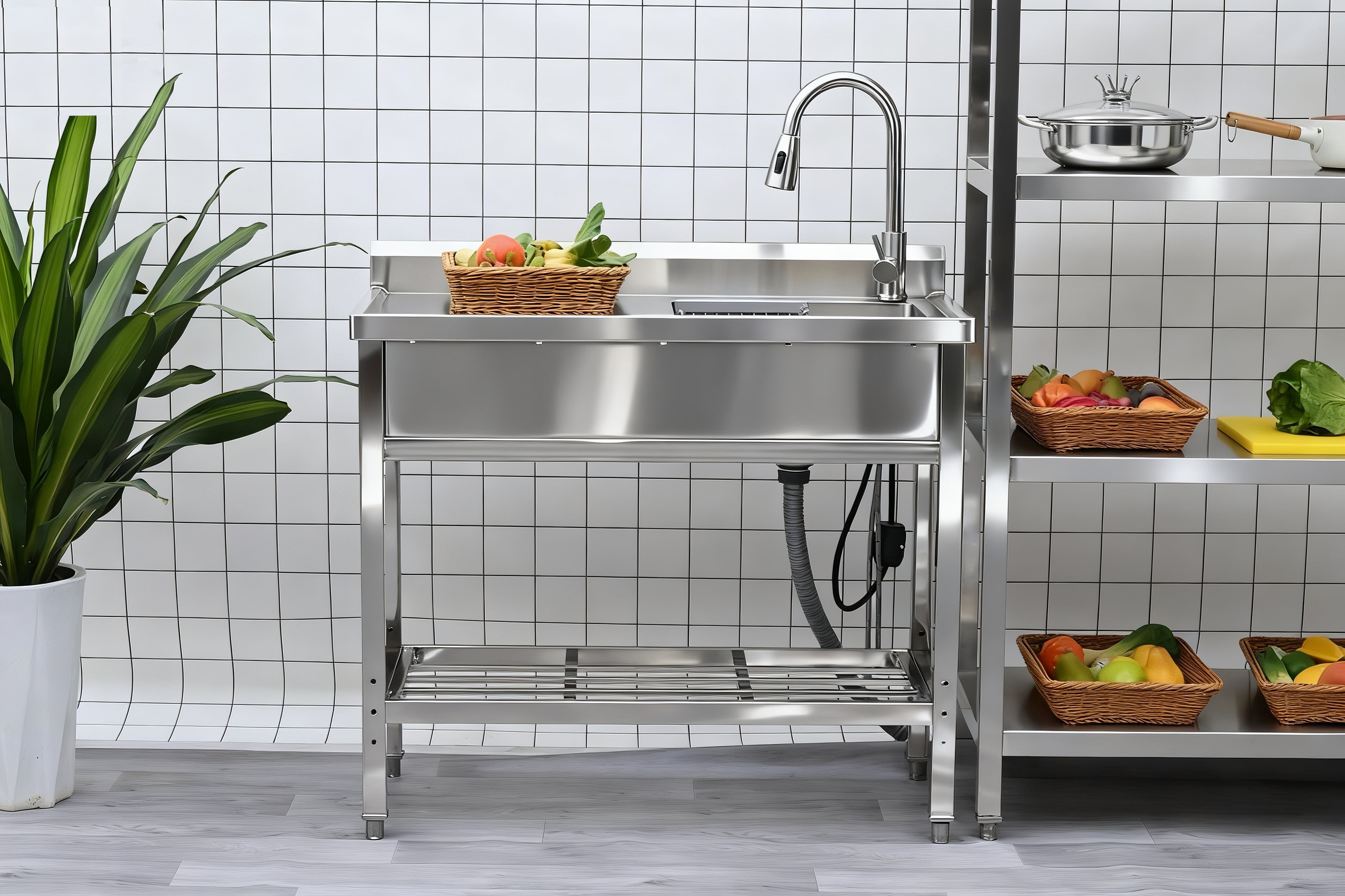 LiviNest Freestanding Utility Sink for Garage Laundry: 4-in-1 Stainless Steel Sink Station - Pull-Out Faucet & Storage Shelf for DIY Projects & Pet Washing - 10-Year Durable Kitchen Laundry Sink