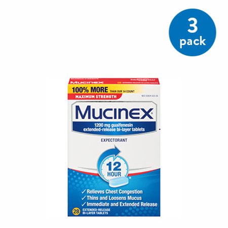 (3 Pack) Mucinex Maximum Strength 12 Hour Chest Congestion Expectorant Relief Tablets, 1200 mg, 28 Count, Thins & Loosens