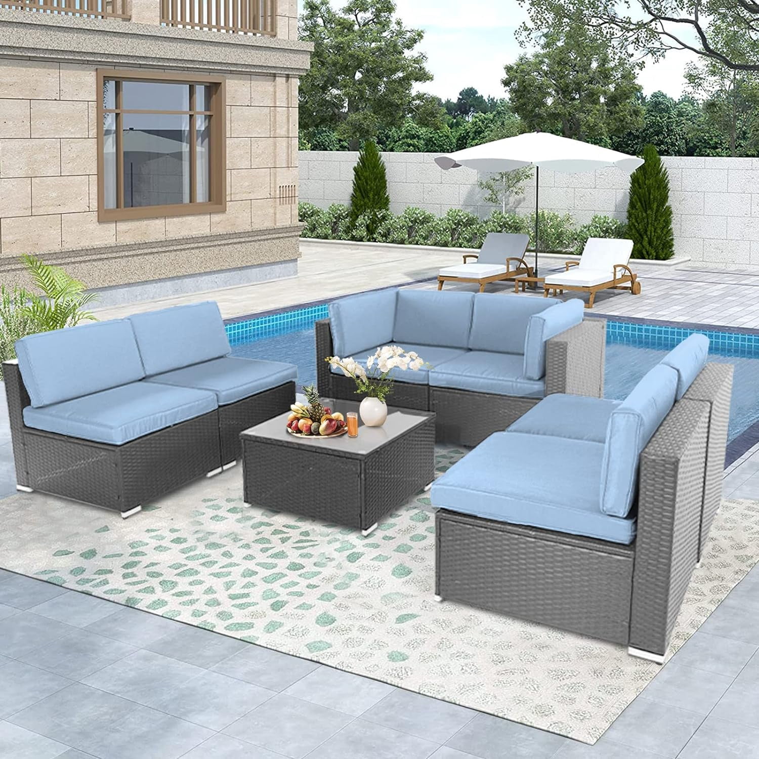 SOLAURA 7-Piece Patio furniture Outdoor  Sofa Set, Gray Wicker Rattan  Sectionals Light Blue Cushion Sofa Conversation Set with Glass Coffee Table
