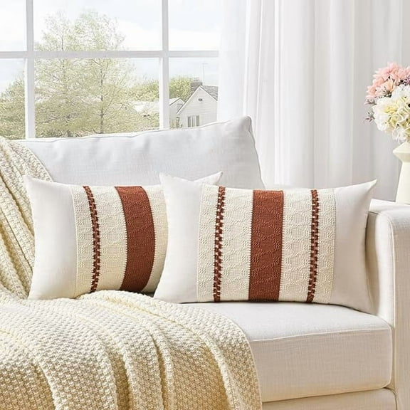 Pillow Cover Set of 2 Rust Boho Long Lumbar Decorative Throw Pillow Cover 12x24 Inch for Couch Bed Sofa, Aesthetic Modern Organic Fall Room Decor, Soft Cotton Cute Terracotta Farmhouse Cushion Case