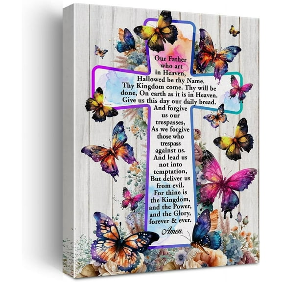 Inspirational Motivational Christian Poster Canvas Wall Art for Home Decor Positive the Lord''s Prayer Floral Butterflies Cross Canvas Print Painting Framed Gifts - Easel & Hanging Hook 12x15 Inch