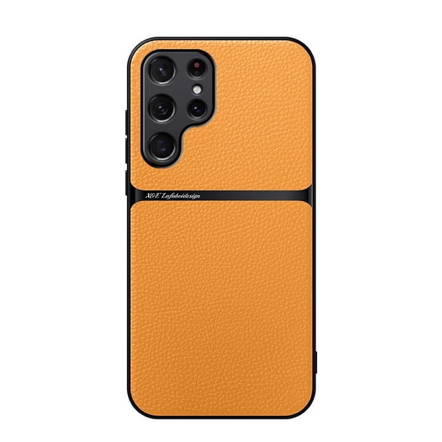 Magnetic TPU Soft Bumper Case with Leather Texture for Samsung Galaxy S25 Ultra, Slim Shockproof Design with Built-in Magnetic Ring (Autumn Yellow,for Galaxy S25 Ultra)