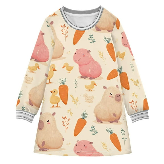 Girls' long-sleeved dress Cute Cartoon Capybara Girls' A-line dress with ribbed cuffs Soft and comfortable