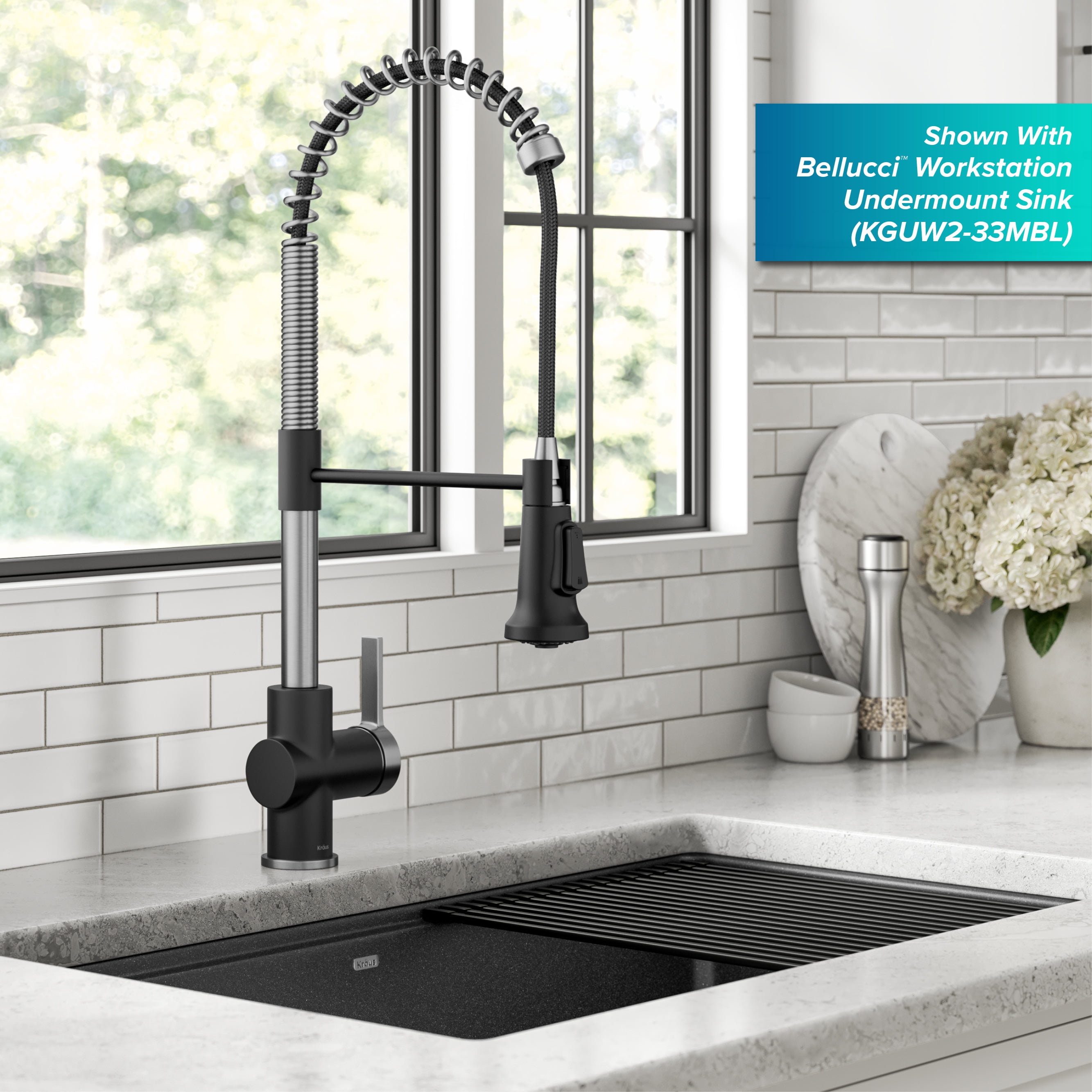 KRAUS Britt Commercial Style Pull-Down Single Handle Kitchen Faucet in Spot-Free Stainless Steel/Matte Black