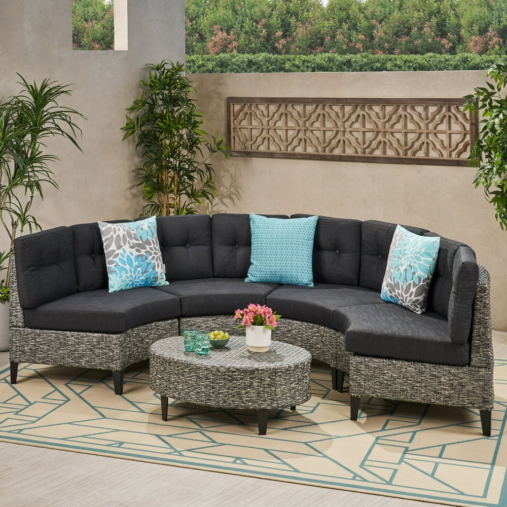 Manteo Outdoor 5 Piece Wicker Sofa Set with Cushions, Mixed Black, Dark