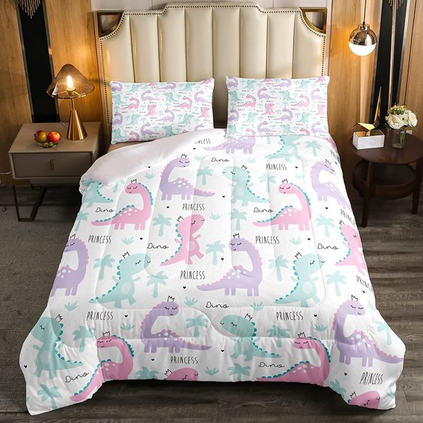 Dinosaur Comforter Set Pink Purple Dinos Bedding Sets for Kids Girls