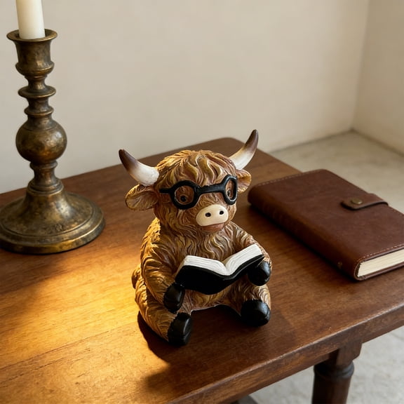 AURIGATE Highland Cow Figurine Collection, 2 Optional Designs (Toilet Paper Tangled / Reading with Glasses) Resin Statues for Home Decor, Office Accents & Funny Gifts