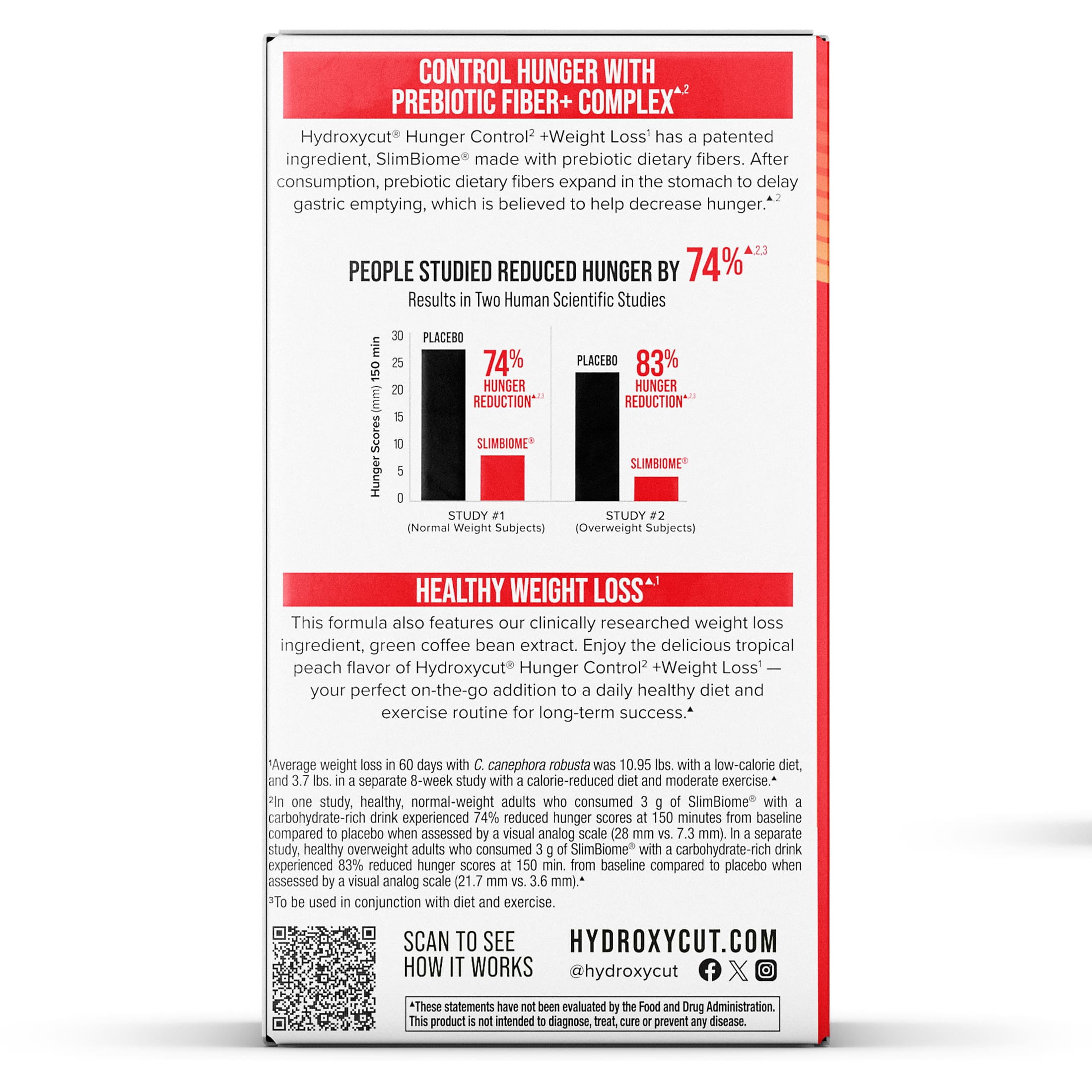 Hydroxycut Hunger Control and Weight Loss Prebiotic Powder Drink Sticks, Tropical Peach, 14 Count