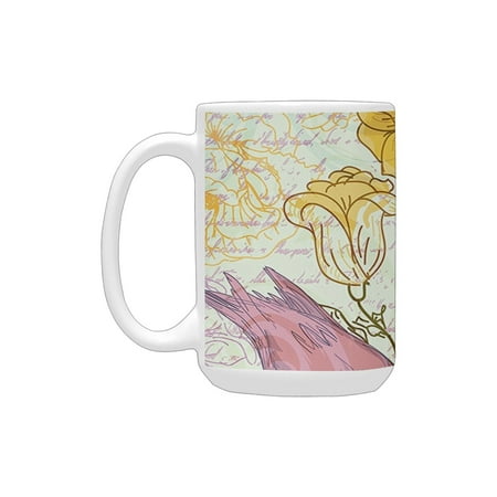 

Grunge Home Decor Collection Artwork with Roses and Bird Pattern on Old Hand Written Letter Classica Ceramic Mug (15 OZ) (Made In USA)