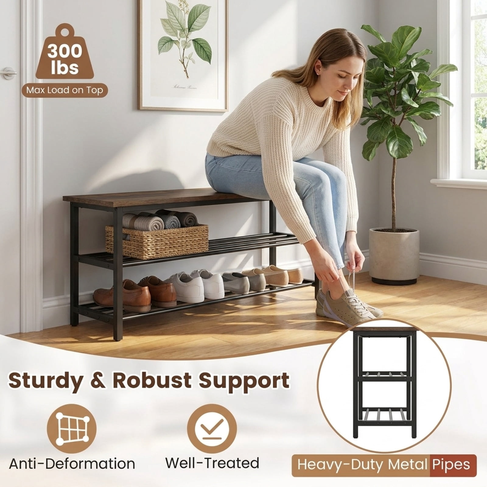 Furnibear 3 Tier Shoe Rack Bench with Metal Slat Shelves and Long Wooden Seat for Entryway Hallway Shoe Storage Bench, Rustic Brown
