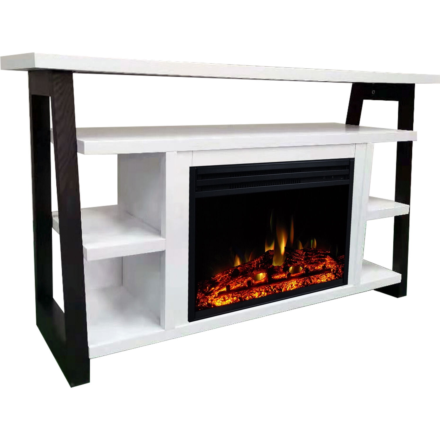Hanover 32-In. Industrial Chic Electric Fireplace Heater with Deep Log Display and 5 Flame Colors, White/Black