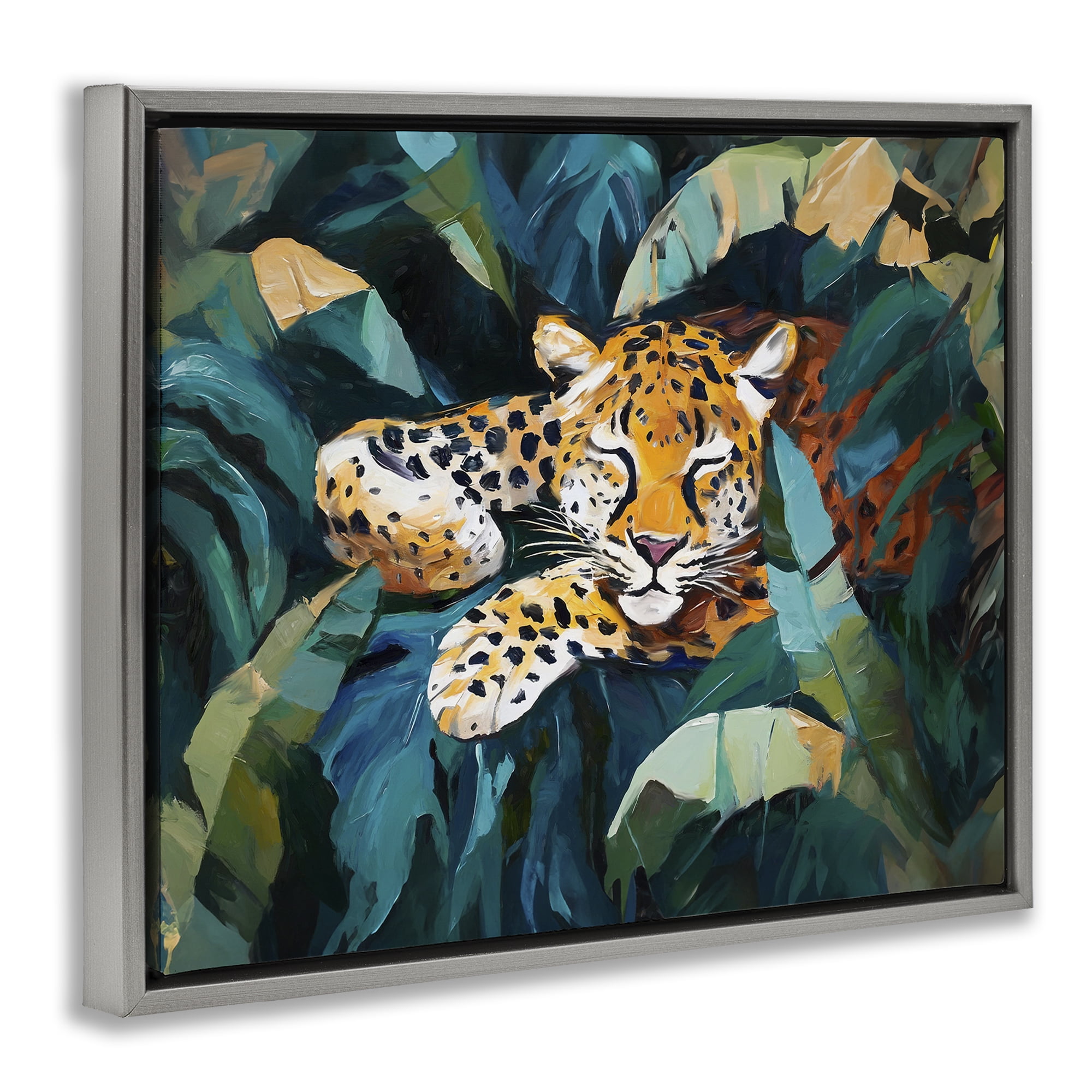 Stupell Industries Leopard Sleeping in Leaves Animals & Insects Painting Gray Floater Framed Canvas Art Print Wall Art, 31 x 25
