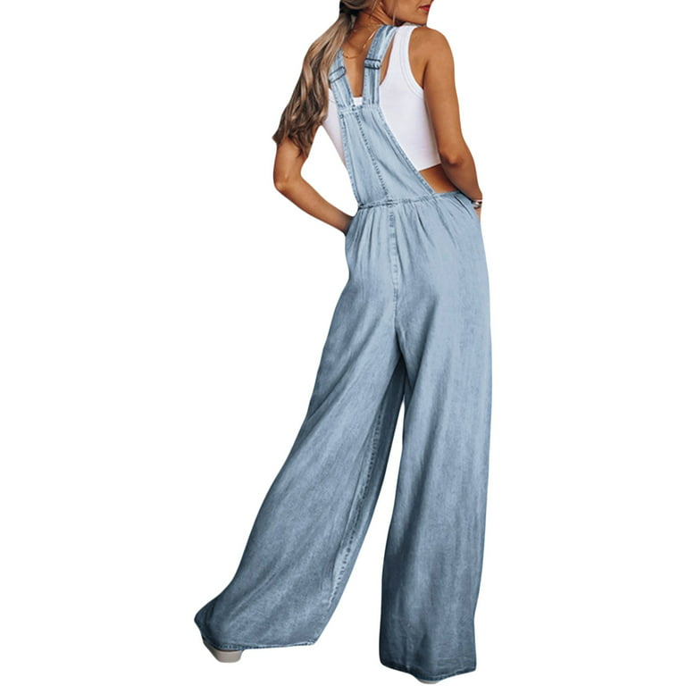 goowrom Overalls Loose Straight Women Bib for Leg Jean Stretchy Jumpsuit Pants Wide Overall Denim Baggy Fit Pocket With