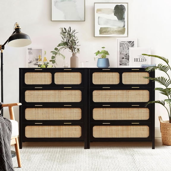 LEVNARY 4 Drawer Dresser Set of 2, Rattan Dressers Storage Cabinet with Metal Handles, Wooden Chest of Drawers Dresser for Bedroom, Entryway, Living Room, Hallway (2, Black)