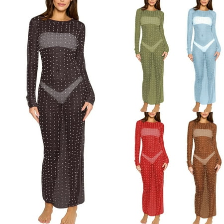 Brnmxoke Women s Sheer Mesh Pearl Rhinestone Cover Up Maxi Dress Long Sleeve Hollow Out Summer Beach Swimwear Bikini Bathing Suit Coverups Black M