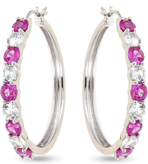 Beyond Brilliance Silver Finish Over Brass Round Cut Pink and White Sapphire Hoop Earrings for Women