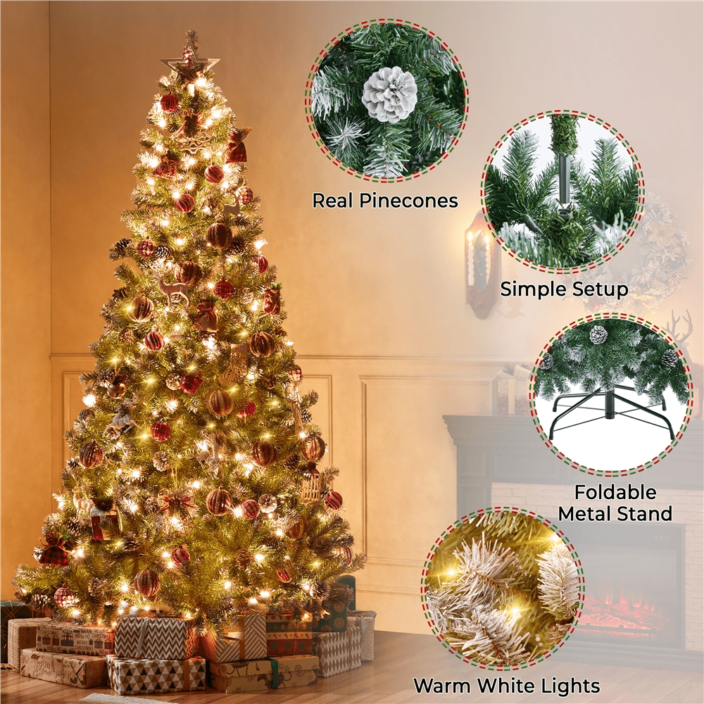 Alden Design 7.5 Ft Pre-lit Frosted Artificial Christmas Tree with Pinecones, Green