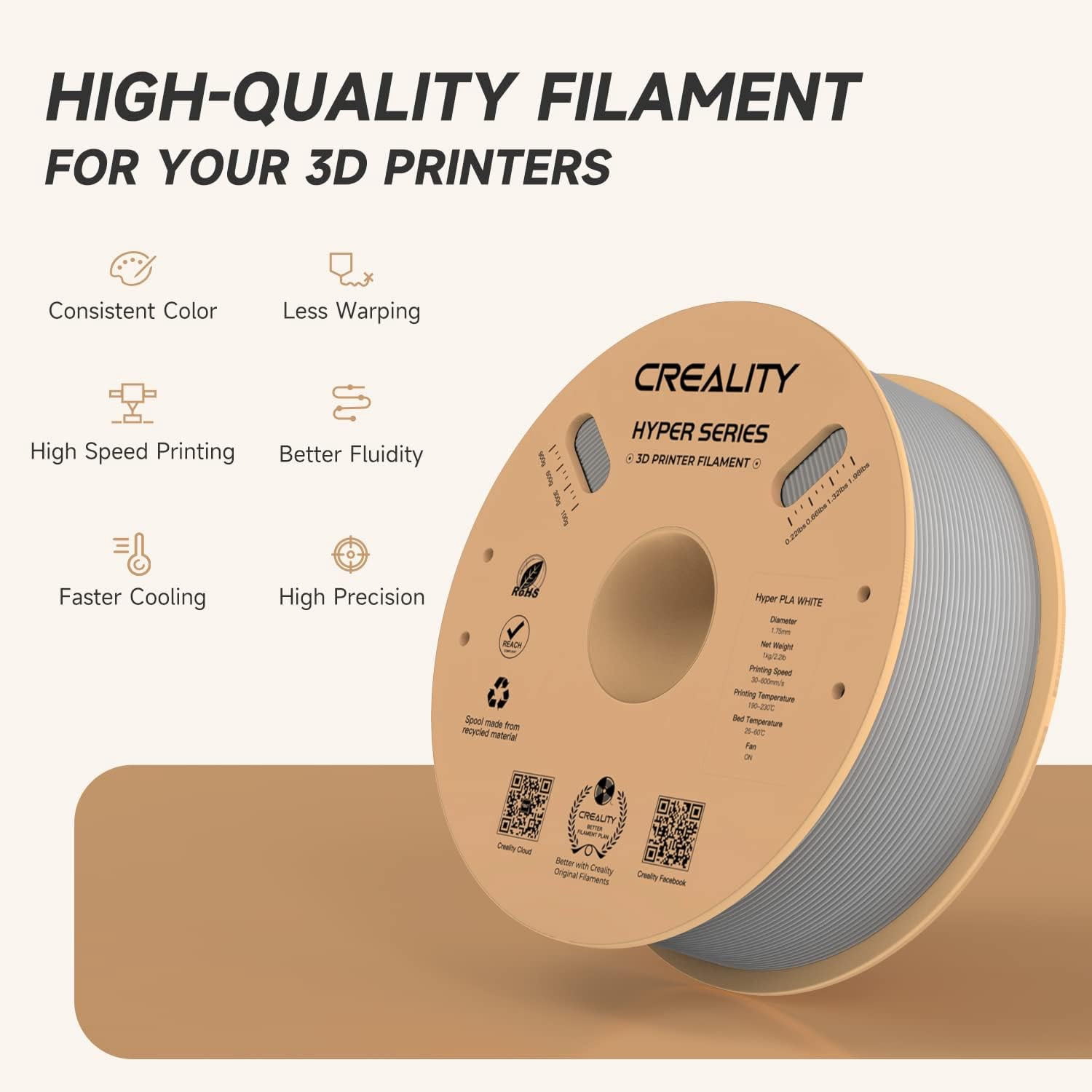 Creality Hyper PLA 3D Printer Filament 600mm/s High-Speed +/-0.03mm Accuracy For Creality K1 Max Ender-5 S1 Anycubic Prusa Bambu Grey 12 Unit per pack