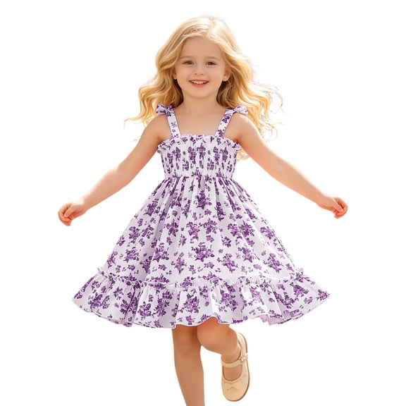 SONXAHE Toddler Girls' Dress Sleeveless Floral Print Smocked A Line Dresses Fashion Birthday Party Dress Purple