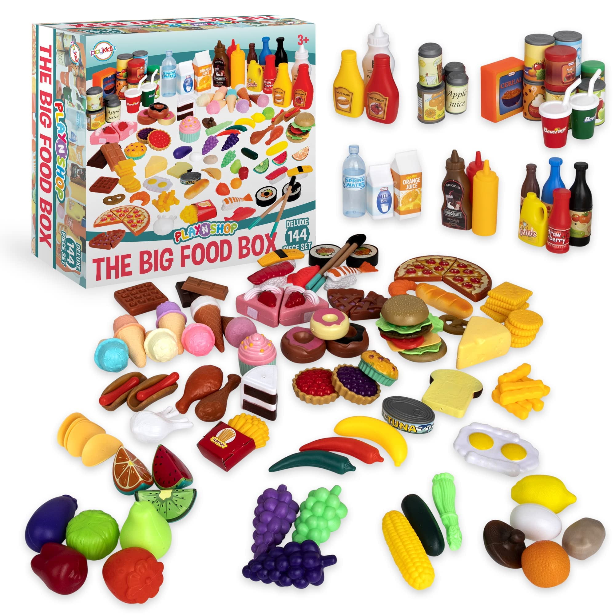 Playkidiz Deluxe Pretend Play Food Set, 144 Piece Plastic Kitchen Set ...