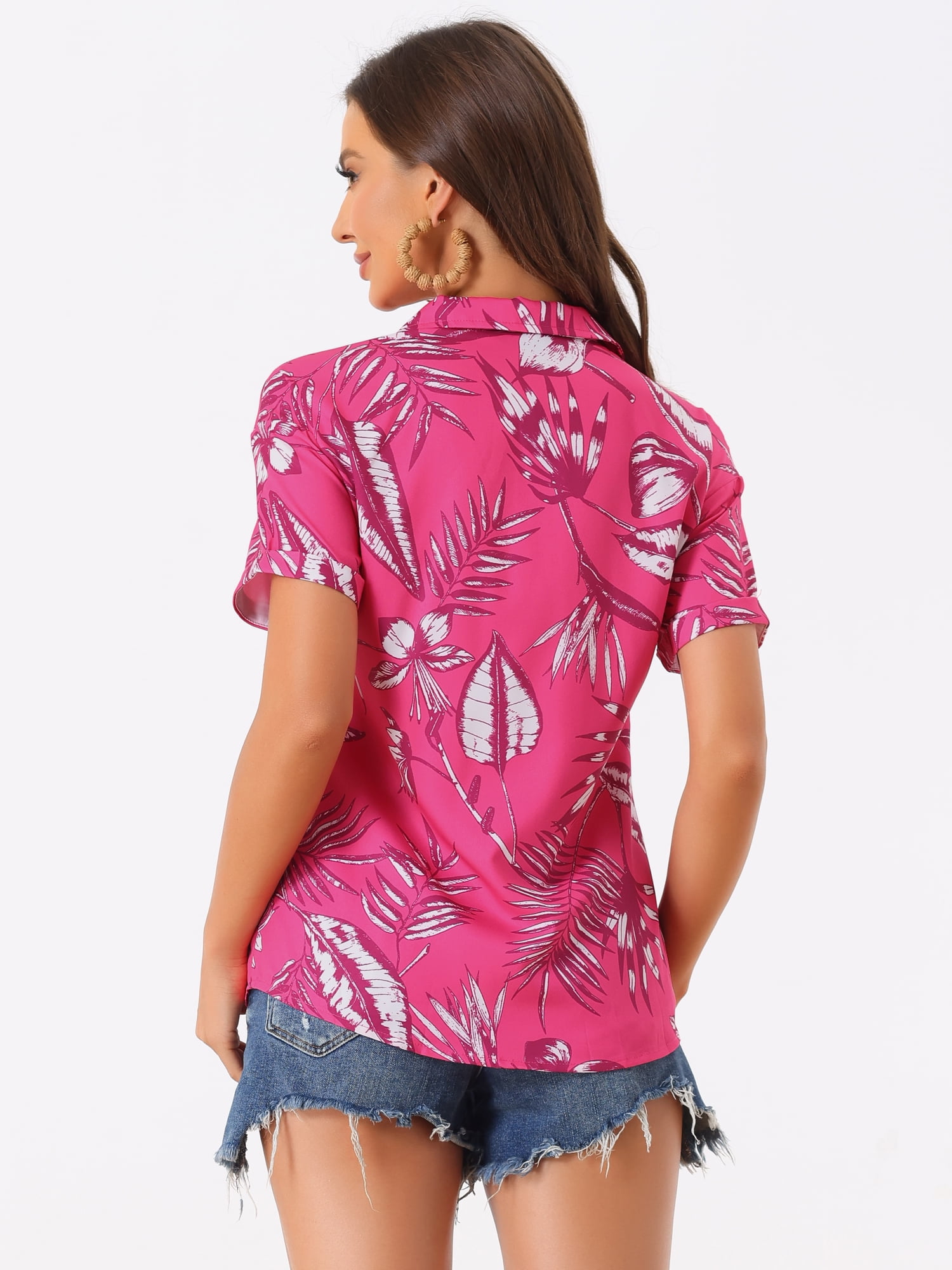 DARING DIVA Floral Leaves Print Short Sleeve Beach Top XL Hot Pink