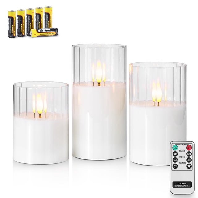 Rhytsing 3 Velas led de Cristal Rayas Verticales Transparentes con Mando a distancia, Velas a Pilas con Temporizador Decorativas para Bodas e Iglesias, Altura 10cm / 12,5cm / 15cm (Transparentes)