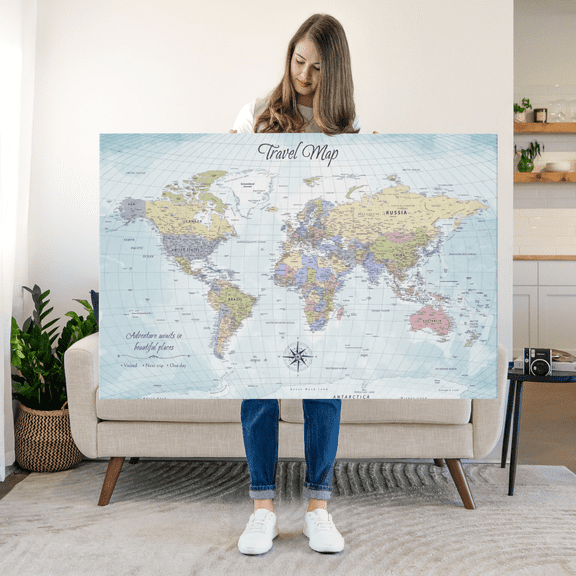 Elephant Stock Push Pin Travel Map World I Wall Art - Map Canvas Art - 12" x 8"