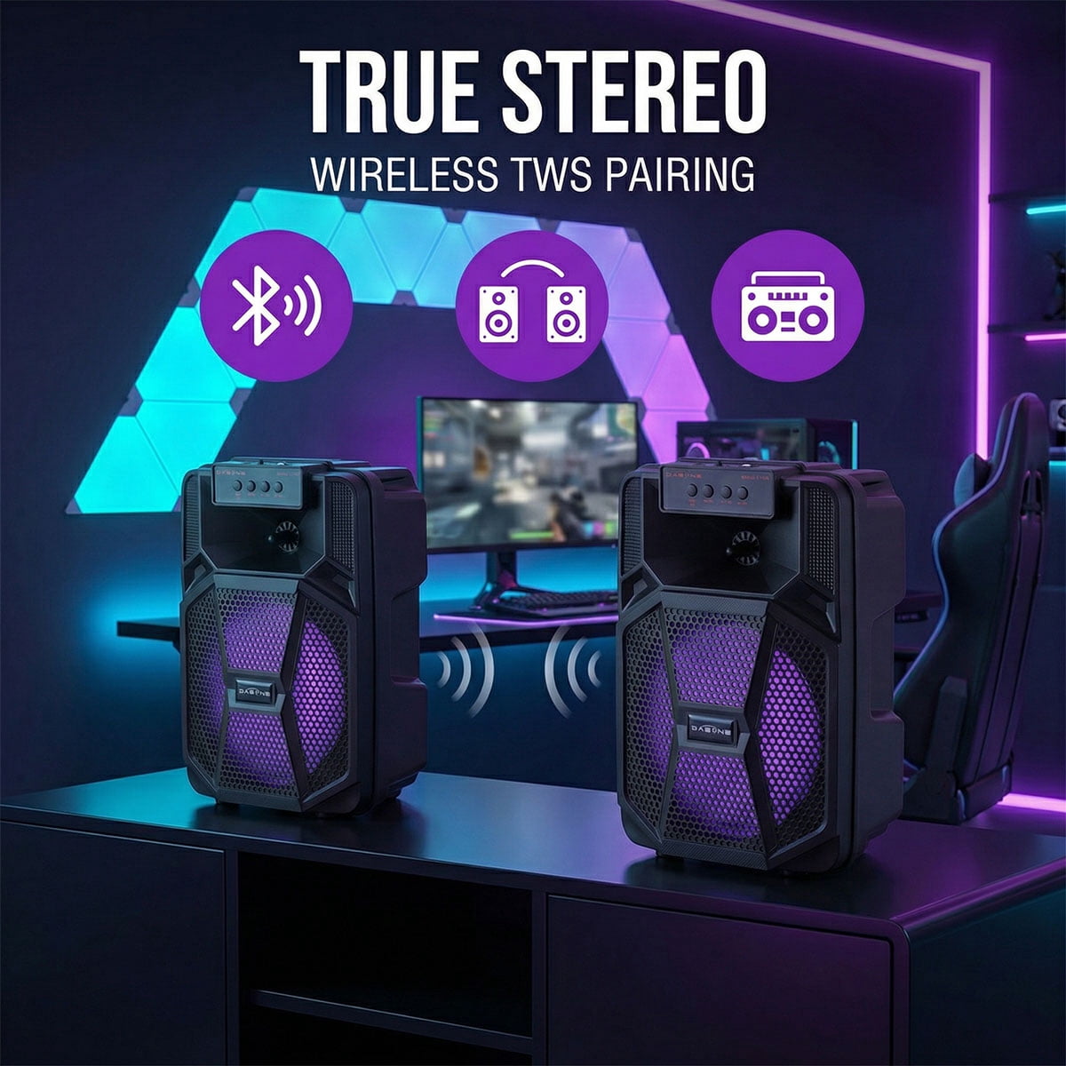 Lohoms 8" Portable Bluetooth Party Speaker, Wireless Outdoor PA System with Deep Bass, LED RGB Lights, TWS, FM Radio, USB/TF Card, Rechargeable Battery for Tailgating, Camping & Home