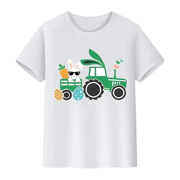 KHONTS Boys Easter Outfit Funny Bunny Printed Short Sleeve T Shirts Summer Cute Casual Tees,Size 2-13 Years White 160