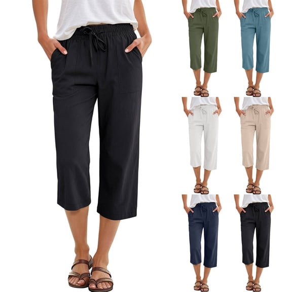 Capris for Women Elastic Waist Cropped Trousers Loose Casual Lightweight 2026 Summer Lounge Beach Comfort Capri Pants Black S