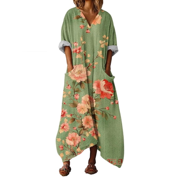 jtjvou Dresses for Women 2026 Summer Spring Casual Long Sleeve V Neck Dressy Trendy Sundresses Loose Fit Flowy Maxi Dress with Pockets Green M
