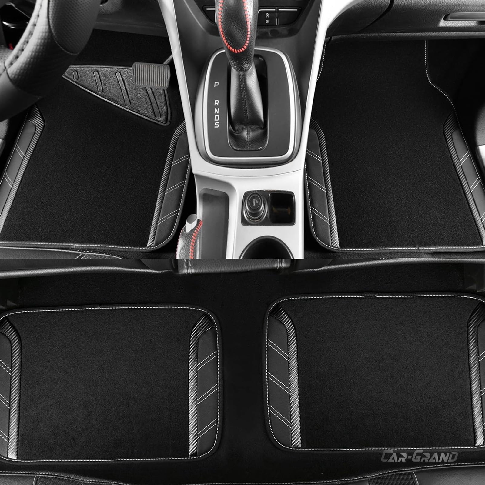 CAR GRAND Leather Steering Wheel Cover and Waterproof Carpet Car Floor Mats,Universal Fit Combo Pack Sedan,SUV,Cars, 14.5" to 15" Sporty Anti-Slip Black