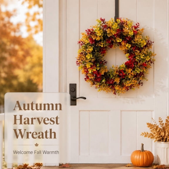 18" Large Thanksgiving Thanksgiving Artificial Pumpkin Wreath, Fall Harvest Faux Maple Leaf Door Hanger, Lightweight Plastic Wall Hanging Decoration for Halloween Home Holiday Party, 1 Pack