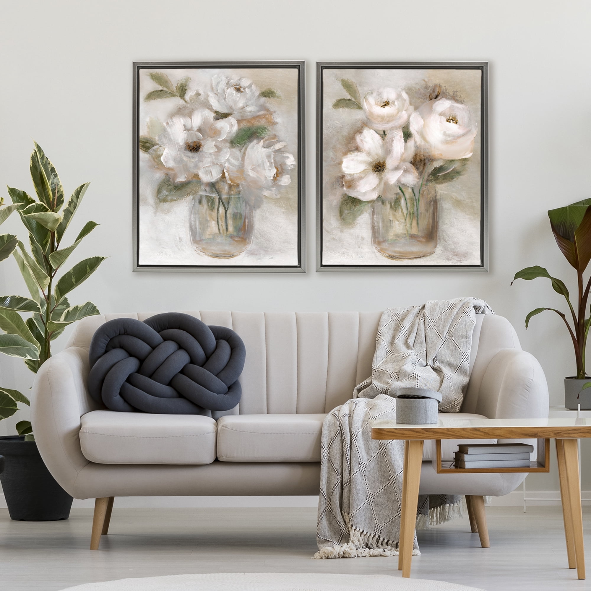 Stupell Industries Brushed White & Beige Roses 2 Piece Gray Framed Floater Canvas Set, design by Nan
