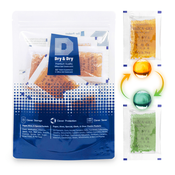 5 Gram [50 Packs] "Dry & Dry" Premium Orange Indicating Silica Gel Packets - Rechargeable