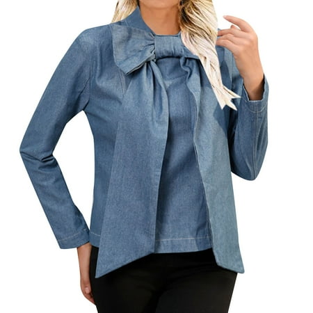 

NECHOLOGY Button down Jean Womens Youth Denim Bra Chain Shirt Long Jeans Tunic Bow Top Cowboy Jacket for Women Coat Dark Blue X-Large