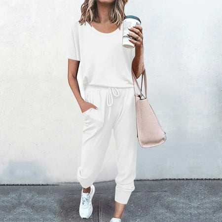 Homenesgenics 2 Piece Outfit for Women Plus Size Fashion Women Summer Solid Button Casual Short SLeeve Top+ Pant Set White L