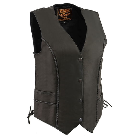 Milwaukee Leather MLL4560 Women's Black Premium Leather Classic Braided Side Lace Deep V-Neck Motorcycle Rider Vest X-Small