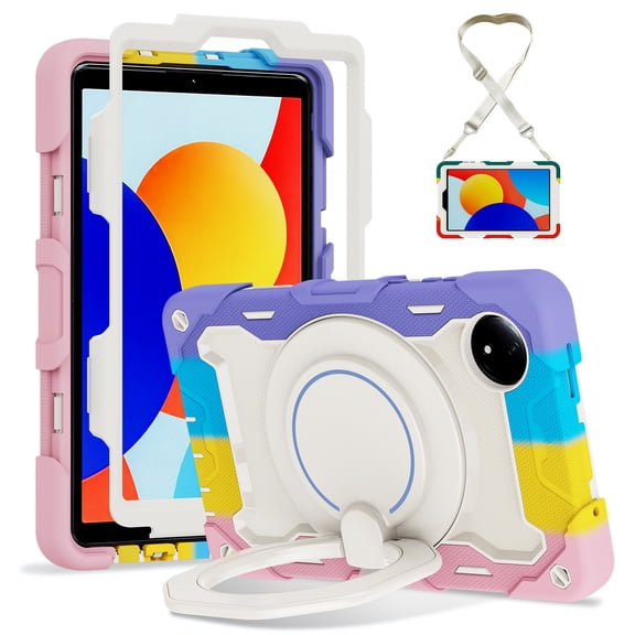 FJLBDE Case for Xiaomi Redmi Pad SE 8.7 inch 2024 with 360 Kickstand, Shoulder Strap Carrying Protective Cover, Multicolor Pink